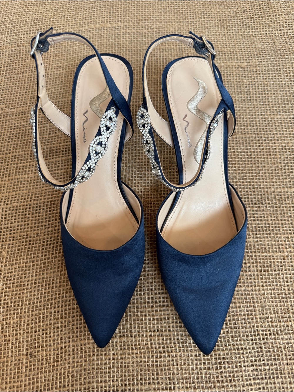 Nina Navy Satin Pointed-Toe Slingbacks with Crystal-Embellished Straps